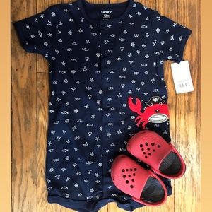 Carters 12 mo one piece & Red Crocs size 5